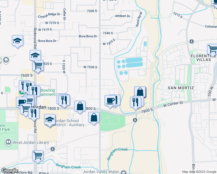 map of restaurants, bars, coffee shops, grocery stores, and more near 1247 West Waverly Hills Lane in West Jordan
