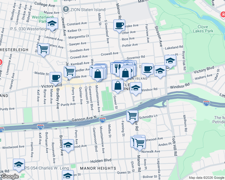 map of restaurants, bars, coffee shops, grocery stores, and more near 45 Josephine Street in Staten Island