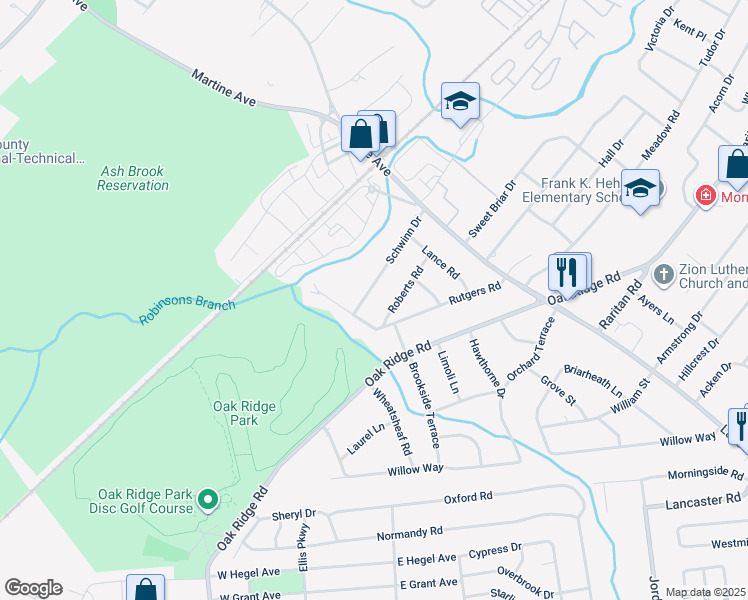 map of restaurants, bars, coffee shops, grocery stores, and more near 102 Schwinn Drive in Clark