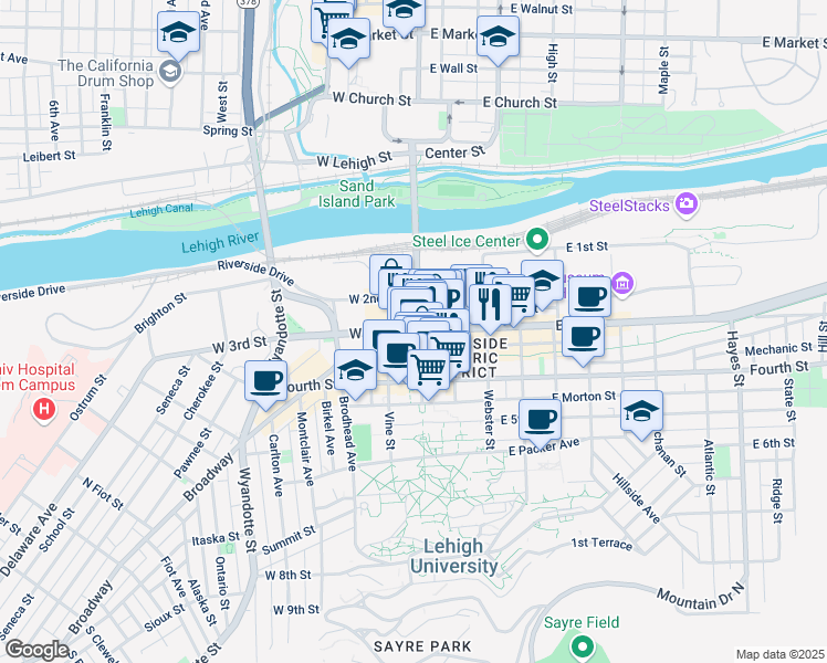 map of restaurants, bars, coffee shops, grocery stores, and more near 3 West 3rd Street in Bethlehem