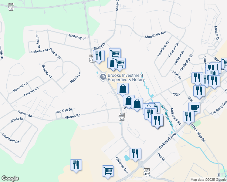 map of restaurants, bars, coffee shops, grocery stores, and more near 475 Ben Franklin Road South in Indiana