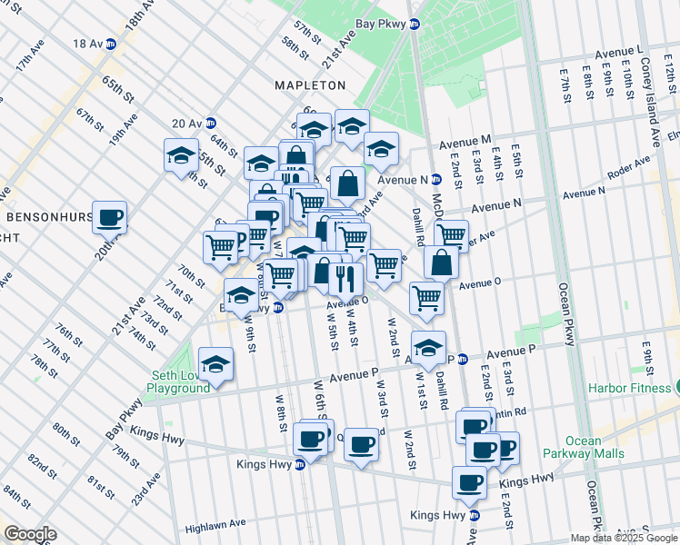 map of restaurants, bars, coffee shops, grocery stores, and more near 1402 West 4th Street in Brooklyn