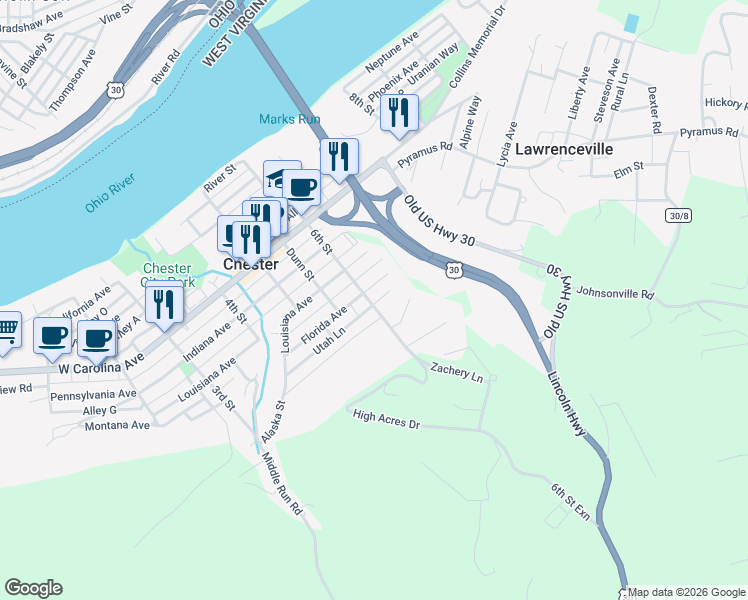 map of restaurants, bars, coffee shops, grocery stores, and more near 611 Florida Ave in Chester