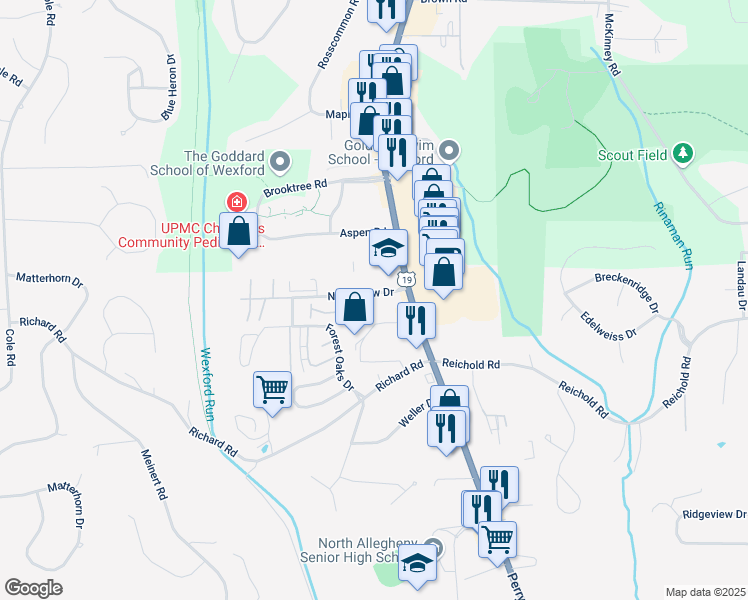 map of restaurants, bars, coffee shops, grocery stores, and more near 103 North Meadow Drive in Wexford