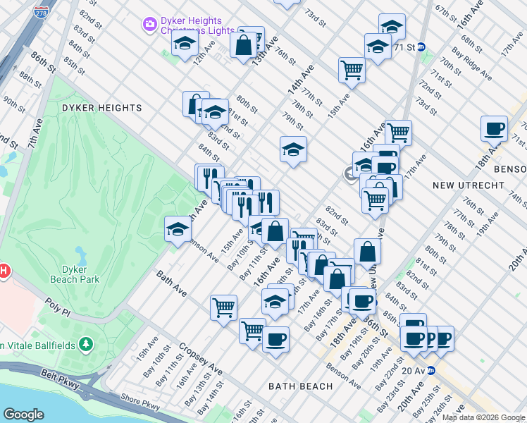 map of restaurants, bars, coffee shops, grocery stores, and more near 1509 85th Street in Brooklyn