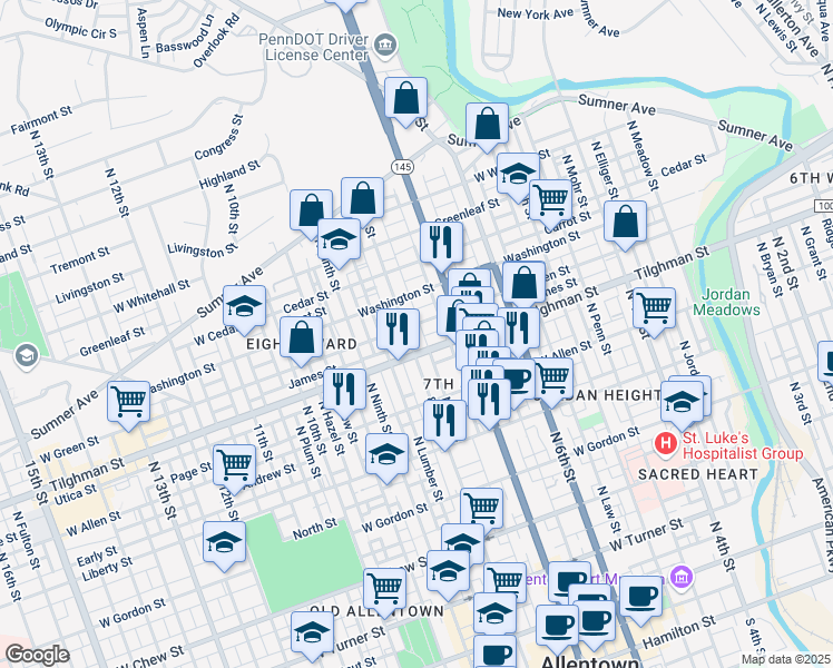 map of restaurants, bars, coffee shops, grocery stores, and more near 739 North Eighth Street in Allentown