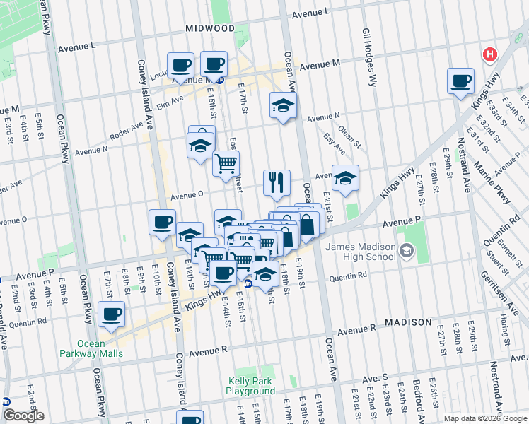 map of restaurants, bars, coffee shops, grocery stores, and more near 1545 East 18th Street in Brooklyn