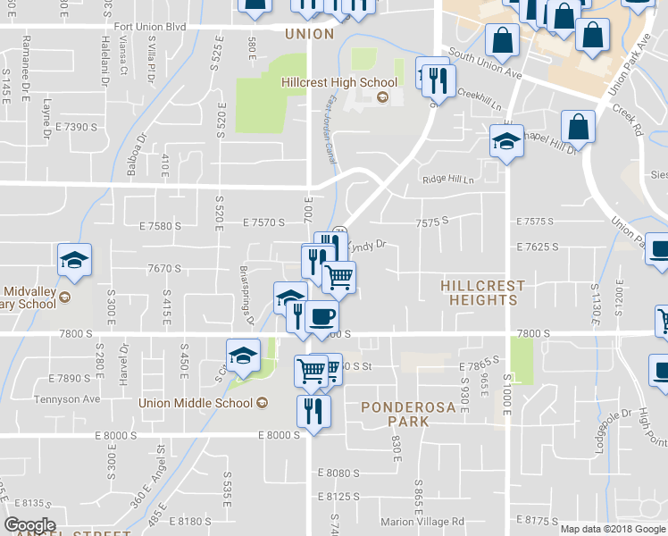 map of restaurants, bars, coffee shops, grocery stores, and more near 752 East Chad Circle in Midvale