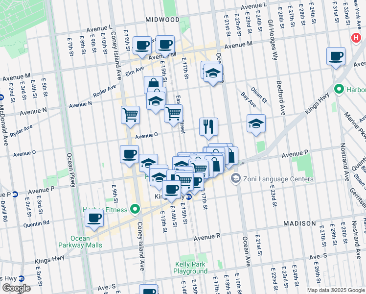 map of restaurants, bars, coffee shops, grocery stores, and more near 1534 East 17th Street in Brooklyn