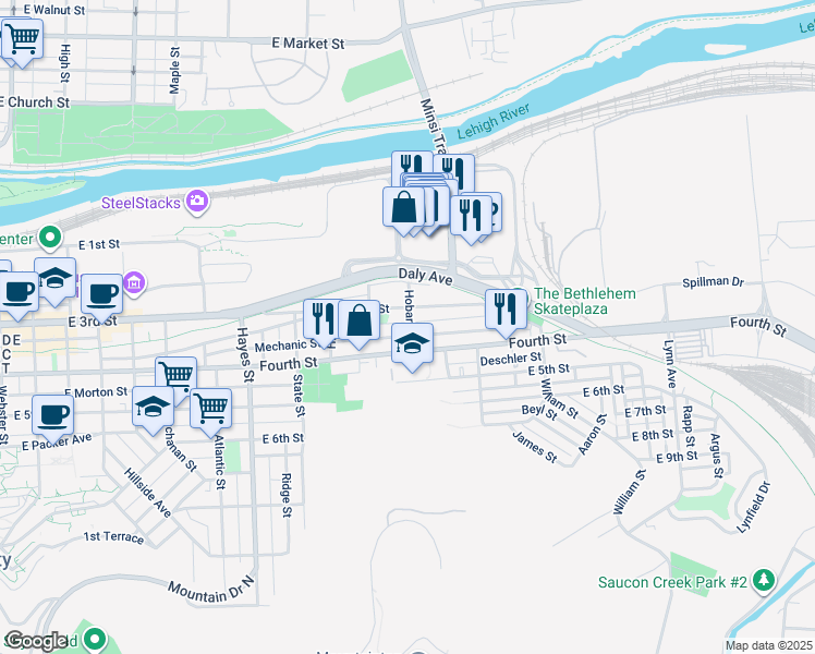 map of restaurants, bars, coffee shops, grocery stores, and more near 1183 Mechanic Street in Bethlehem