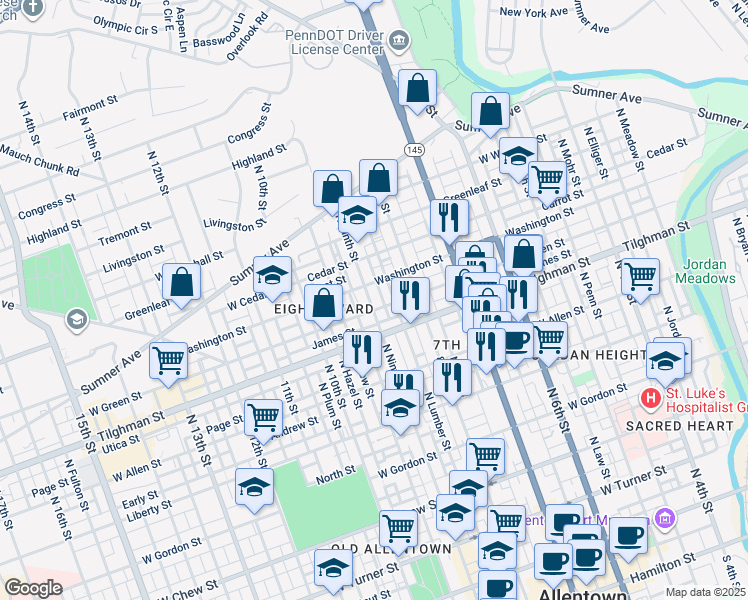 map of restaurants, bars, coffee shops, grocery stores, and more near 739 North Ninth Street in Allentown