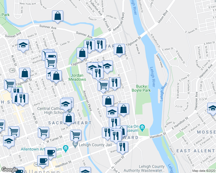 map of restaurants, bars, coffee shops, grocery stores, and more near 417 North Grant Street in Allentown