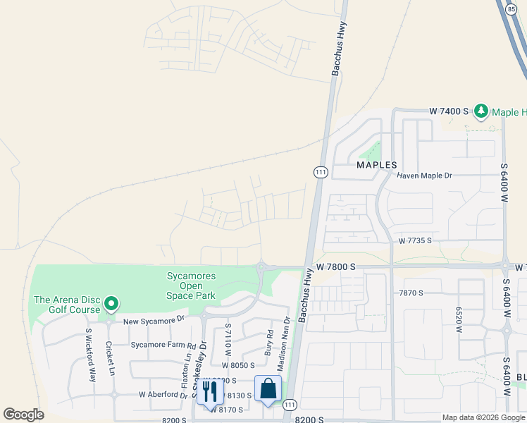 map of restaurants, bars, coffee shops, grocery stores, and more near 7646 South Clipper Street in Saratoga Springs