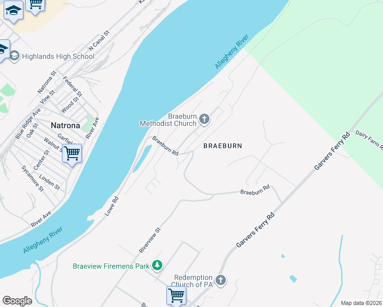 map of restaurants, bars, coffee shops, grocery stores, and more near 4105 Wildcat Road in New Kensington