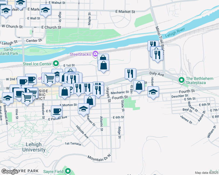 map of restaurants, bars, coffee shops, grocery stores, and more near 901 Evans Street in Bethlehem