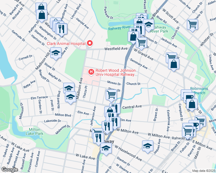 map of restaurants, bars, coffee shops, grocery stores, and more near 802 Moses Drive in Rahway