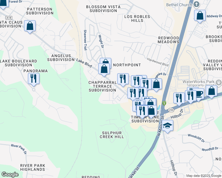 map of restaurants, bars, coffee shops, grocery stores, and more near 395 Buckeye Terrace in Redding
