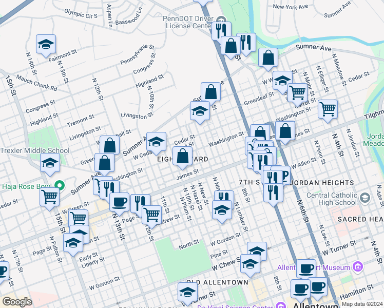 map of restaurants, bars, coffee shops, grocery stores, and more near 932 West Washington Street in Allentown