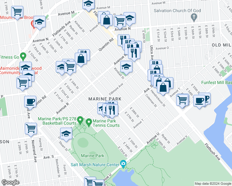 map of restaurants, bars, coffee shops, grocery stores, and more near 3721 Fillmore Avenue in Brooklyn
