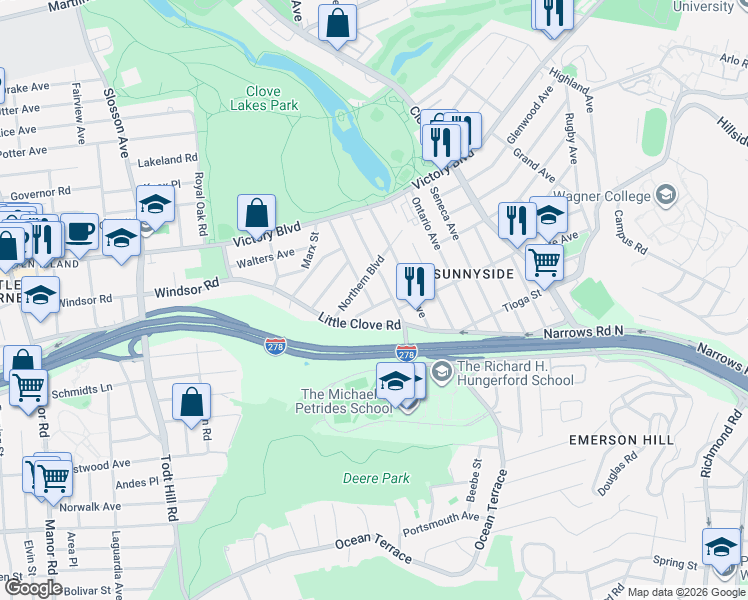 map of restaurants, bars, coffee shops, grocery stores, and more near 2 Dobbs Place in Staten Island