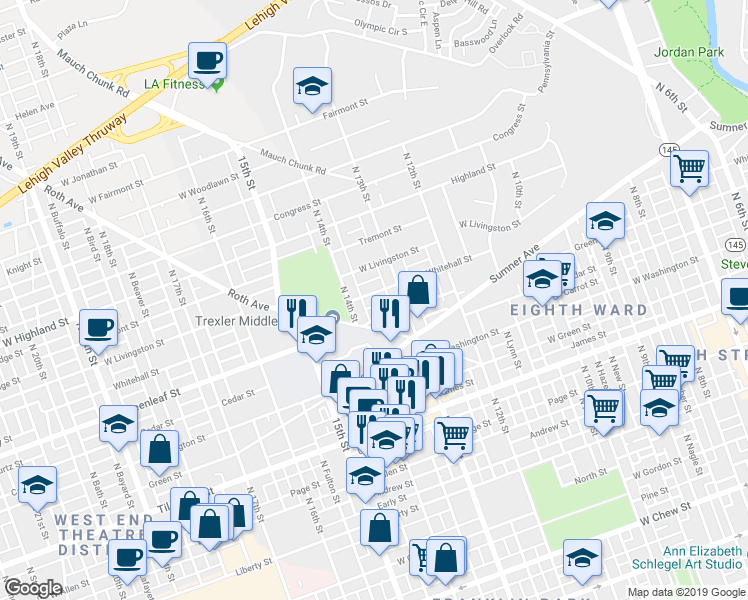 map of restaurants, bars, coffee shops, grocery stores, and more near 1328 West Whitehall Street in Allentown
