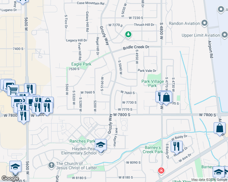 map of restaurants, bars, coffee shops, grocery stores, and more near 7625 South Wood Mesa Drive in West Jordan