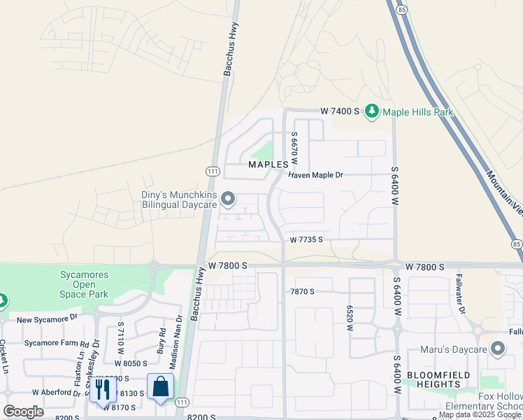 map of restaurants, bars, coffee shops, grocery stores, and more near 7613 Yellowwood Lane in West Jordan