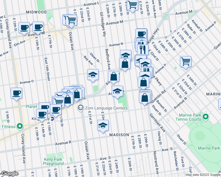 map of restaurants, bars, coffee shops, grocery stores, and more near 1566 East 26th Street in Brooklyn