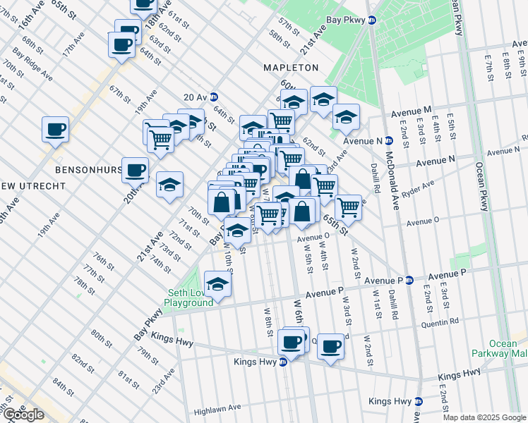 map of restaurants, bars, coffee shops, grocery stores, and more near 1345 West 7th Street in Brooklyn