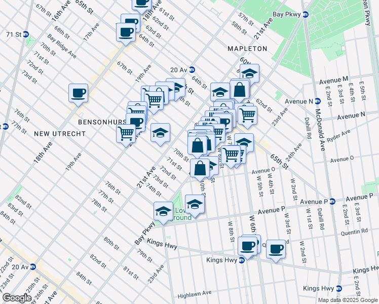 map of restaurants, bars, coffee shops, grocery stores, and more near 2146 68th Street in Brooklyn