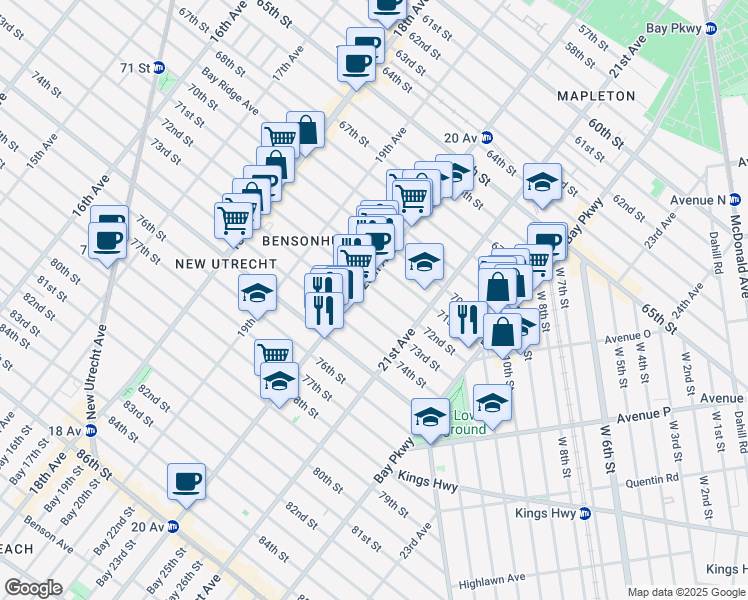 map of restaurants, bars, coffee shops, grocery stores, and more near 2024 71st Street in Brooklyn