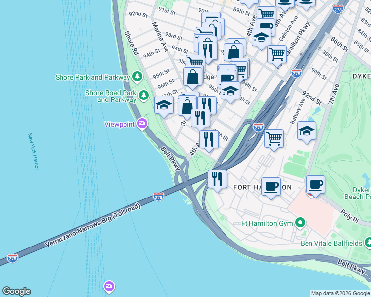 map of restaurants, bars, coffee shops, grocery stores, and more near 9967 Shore Road in Brooklyn