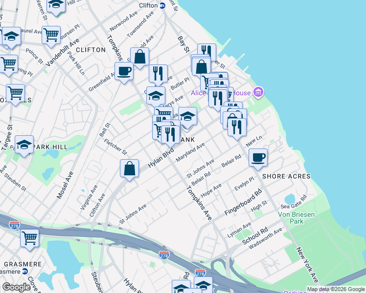 map of restaurants, bars, coffee shops, grocery stores, and more near in Staten Island