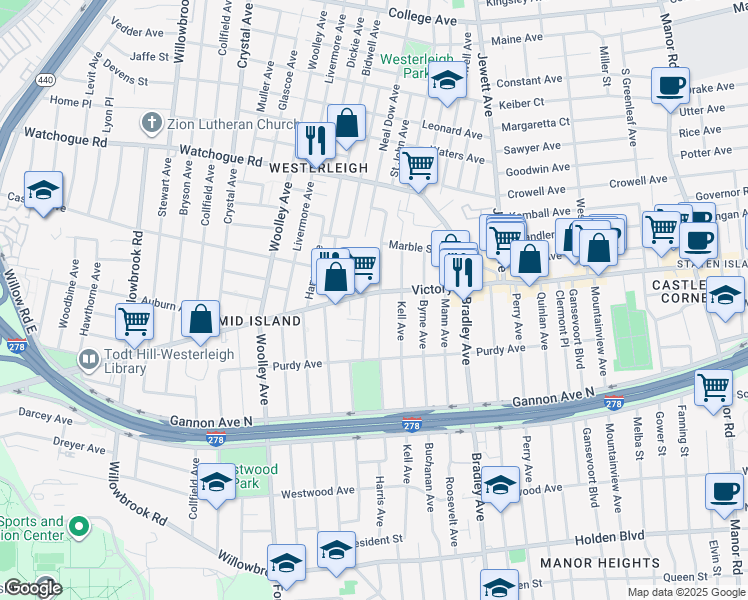 map of restaurants, bars, coffee shops, grocery stores, and more near 439 Ingran Avenue in Staten Island