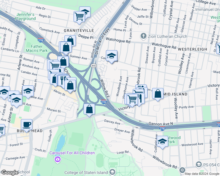map of restaurants, bars, coffee shops, grocery stores, and more near 507-2 Willow Road East in Staten Island