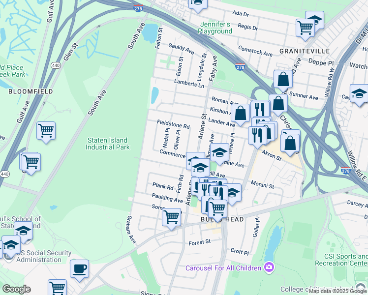 map of restaurants, bars, coffee shops, grocery stores, and more near 27 Oliver Place in Staten Island