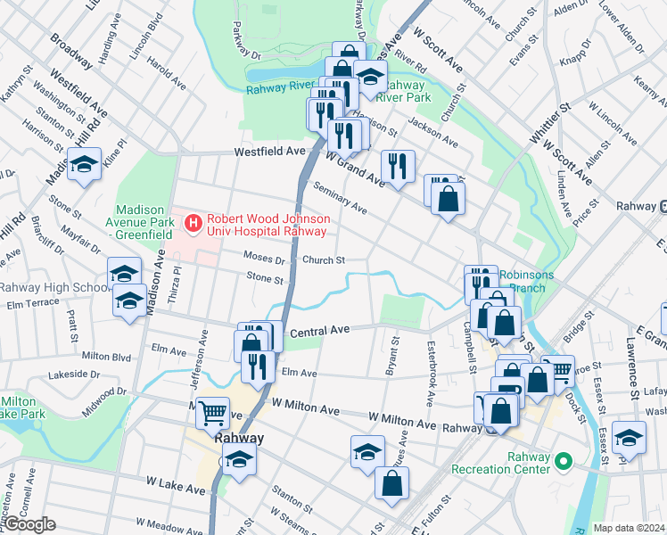 map of restaurants, bars, coffee shops, grocery stores, and more near 1428 Church Street in Rahway
