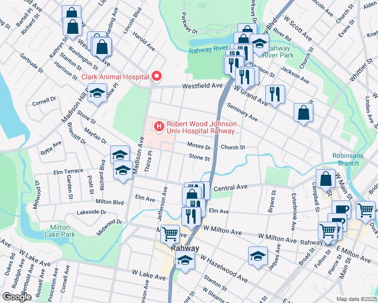 map of restaurants, bars, coffee shops, grocery stores, and more near 802 Moses Drive in Rahway