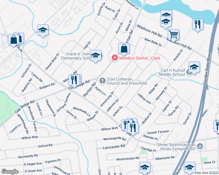 map of restaurants, bars, coffee shops, grocery stores, and more near 559 Raritan Road in Clark
