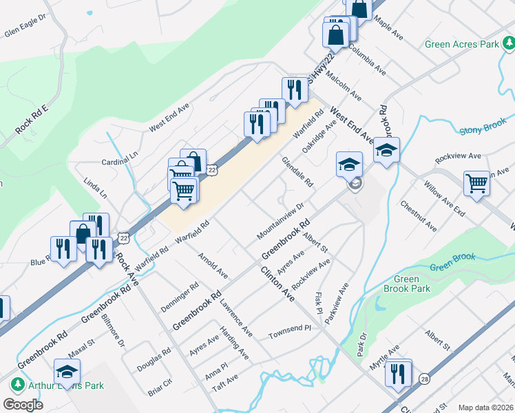 map of restaurants, bars, coffee shops, grocery stores, and more near 350 Redmont Road in North Plainfield