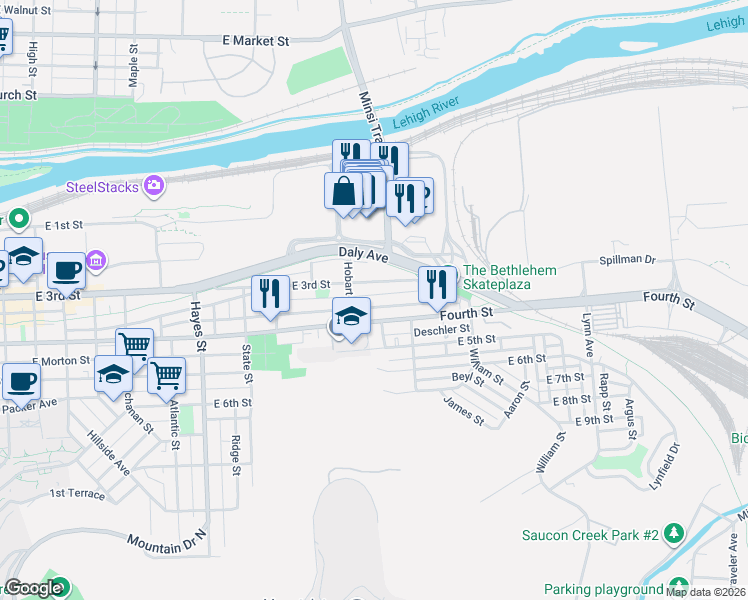 map of restaurants, bars, coffee shops, grocery stores, and more near 1232 East 3rd Street in Bethlehem