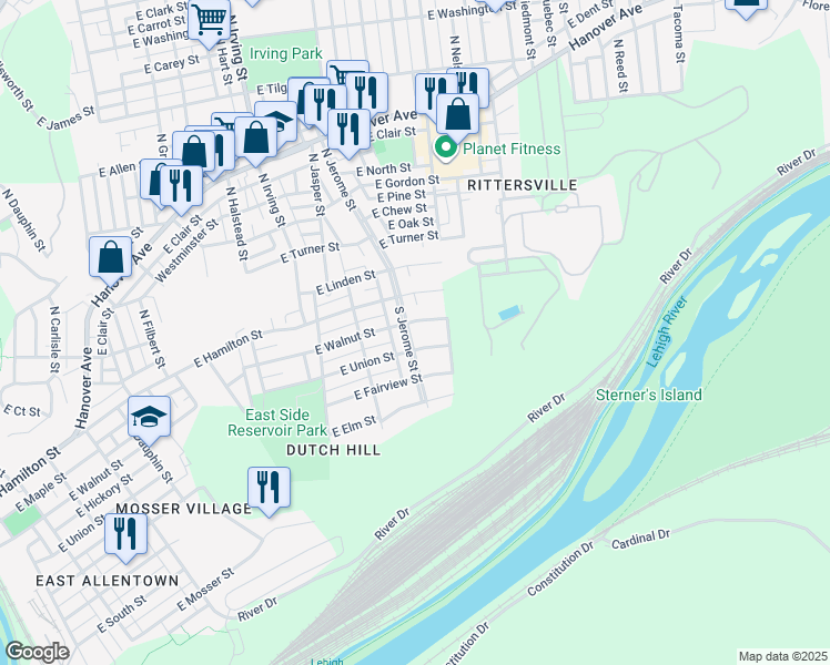 map of restaurants, bars, coffee shops, grocery stores, and more near 1023 East Walnut Street in Allentown