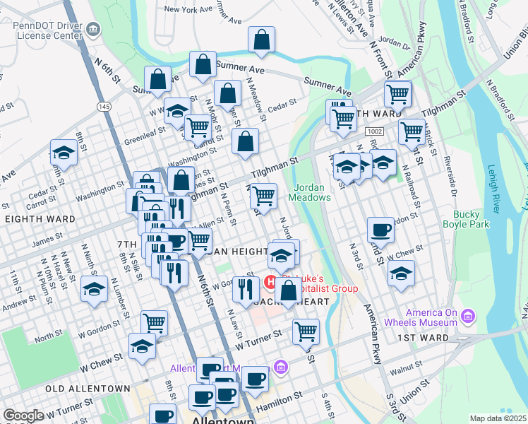map of restaurants, bars, coffee shops, grocery stores, and more near 397 Allen Street in Allentown