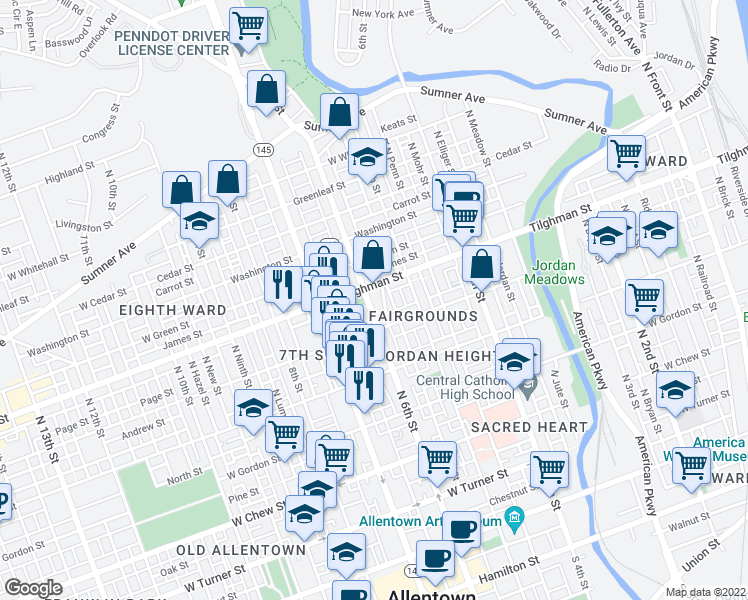 map of restaurants, bars, coffee shops, grocery stores, and more near 538 Tilghman Street in Allentown
