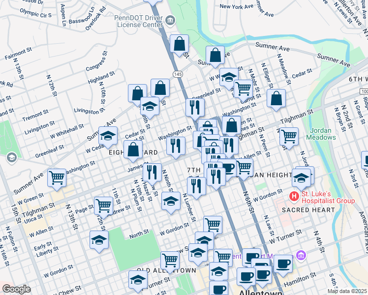 map of restaurants, bars, coffee shops, grocery stores, and more near 739 North Eighth Street in Allentown