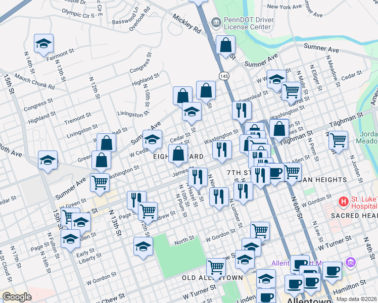 map of restaurants, bars, coffee shops, grocery stores, and more near 915 Washington Street in Allentown