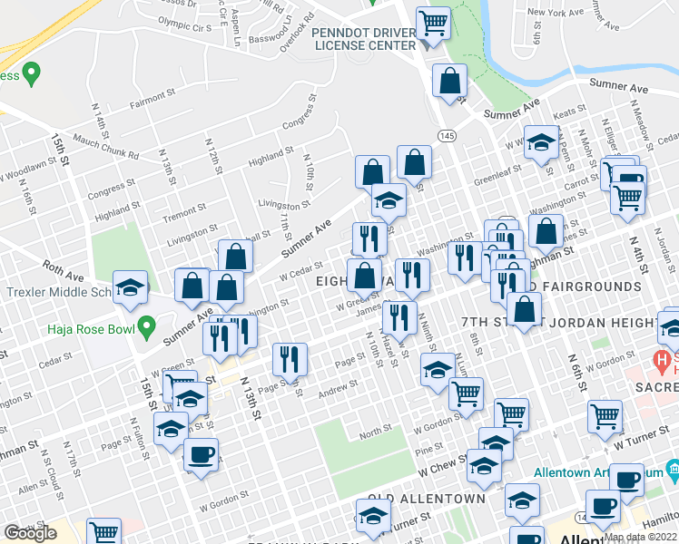 map of restaurants, bars, coffee shops, grocery stores, and more near 140 Carrot Street in Allentown