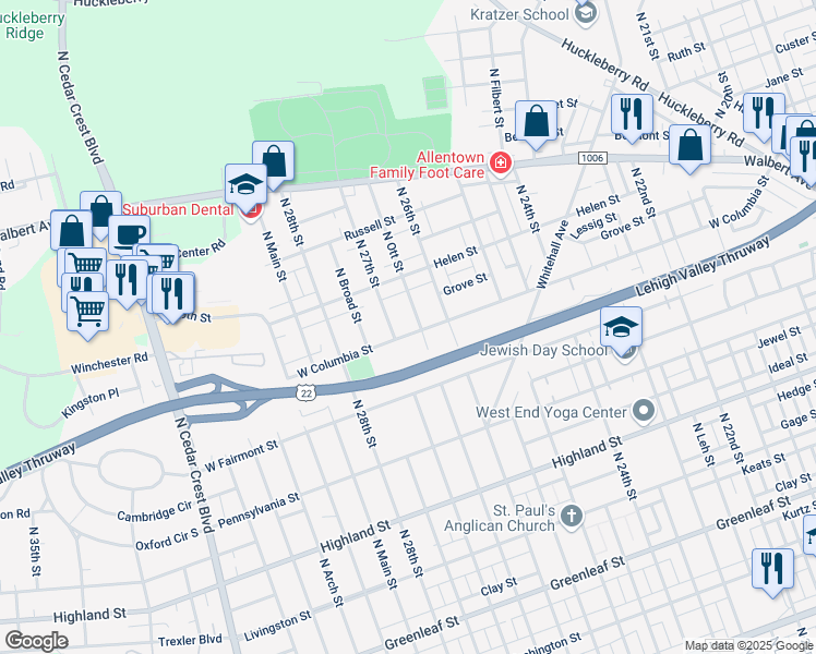 map of restaurants, bars, coffee shops, grocery stores, and more near 1417 North Ott Street in Allentown