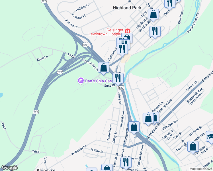 map of restaurants, bars, coffee shops, grocery stores, and more near 120 Stine Drive in Lewistown