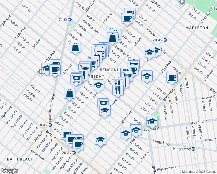 map of restaurants, bars, coffee shops, grocery stores, and more near 7407 19th Avenue in Brooklyn